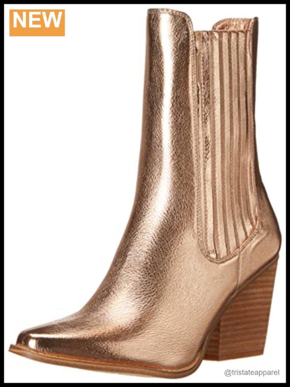 Women's Mid-Calf Metallic Pull-On Bootie with Stacked Block Heel, Snip Toe